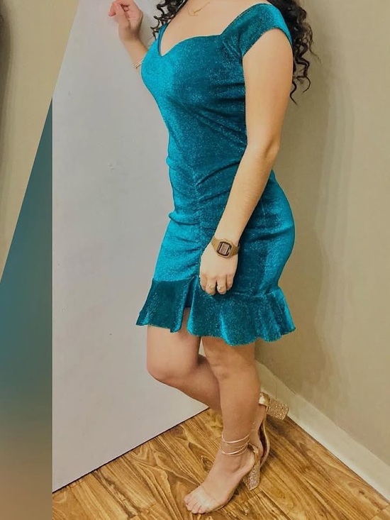 Dresses & Skirts - Teal Sparkle Ruched Cap-Sleeve Mini Dress